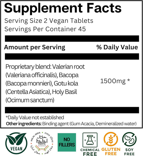 Valerian-3, 1500 Mg/Serving, MD Formulated Herbal Blend- Valerian root, Bacopa (Bacopa monnieri), Gotu kola (Centella Asiatica), Holy Basil, Glute...