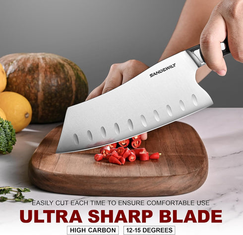 Meat Cleaver Chef Knife,7-in Ultra Sharp Kitchen Knife,Slicer Knife Cooking Knife Vegetable Knife,German HC Stainless Steel,Full Tang Wood Handle,...
