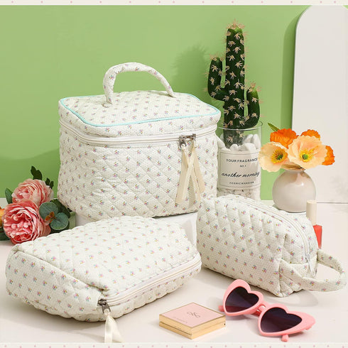 3 Pieces Cotton Quilted Makeup Bag Set Coquette Cosmetic Bag Aesthetic Travel Toiletry Bags Cute Pouch Kawaii Aesthetic for Women (Little Flower)...