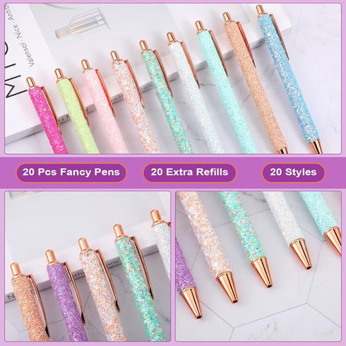 Handepo 20 Pcs Christmas Glitter Retractable Click Ball Pens Cute Pens for Journaling Fancy Pen for Women Metal Retractable Pen and 20 Pcs Replace...