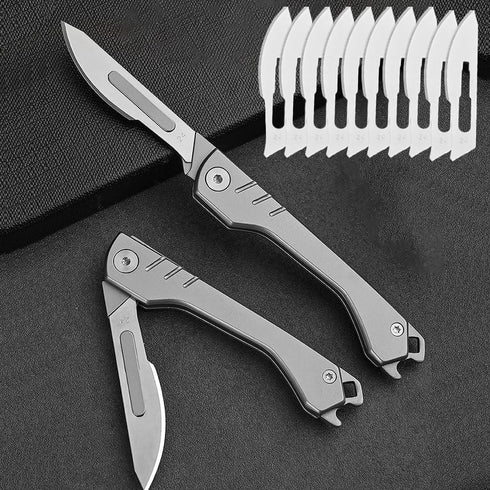 Folding Scalpel Knife with 10pcs #24 Replaceable Blades, Small Pocket Knife for Men with Bottle Opener, EDC Utility knife, Slim Razor Knife, Surgi...