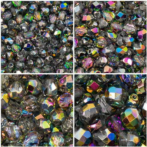 Set of Czech Glass Fire Polished Beads in Crystal Vitrail Color for Making Jewelry and Crafts - Different Sizes 3 mm, 4 mm, 6 mm, 8 mm. Total 275 ...