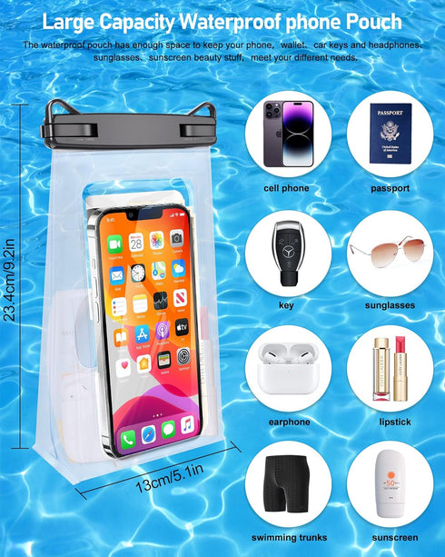 Large Waterproof Phone Pouch Universal Phone Waterproof Case for iPhone 15 14 13 12 Pro Max Galaxy S22 S21 IPX8 Water Proof Dry Bag with Wide Lany...