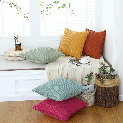 Green Pillow Covers 18x18 inch with Pom-poms Set of 2 Corduroy Farmhouse Boho Accent Decorative Throw Pillow Covers for Couch Bed Sofa...