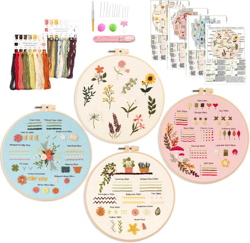 Harimau 4P Beginner Embroidery Kit,Natural Landscape Pattern,Cross Stitch Kits, Including Stamped Embroidery Cloth with 2 Embroidery Hoops, Multic...