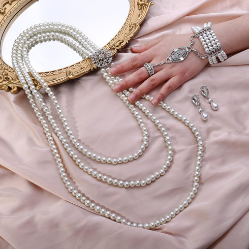 HAIAISO 1920s Art Deco Faux Pearls Necklace Fashion Dangle Pearl Earrings Flapper Bracelet Ring Set 20s Costume Party Accessories Vintage Wedding ...