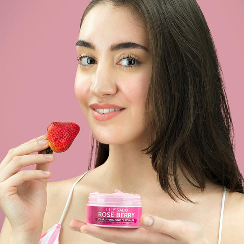 LILY SADO Rose Berry Pink Clay Mask w Rose Water & Fresh Berries - White Tea & Jojoba Beads Gently Exfoliate, Balance & Purify to Prevent Acne & B...