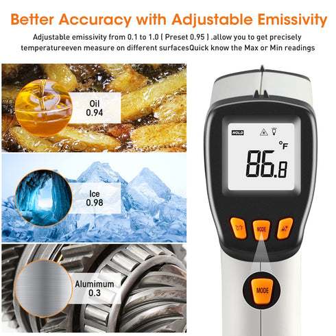 Infrared Thermometer, Laser Temperature Gun for Cooking, Non Contact Temp Gauge, Adjustable Emissivity IR Thermometer Heat Temperature Reader Gun ...