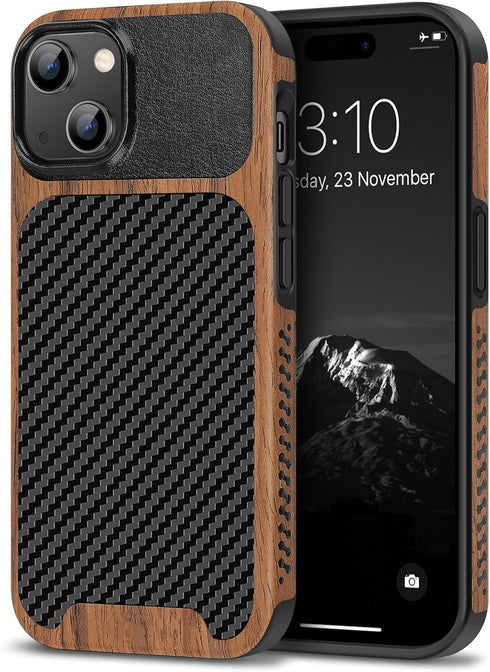 TENDLIN Compatible with iPhone 15 Case Wood Grain with Carbon Fiber Texture Design Leather Hybrid Slim Case (Black)......