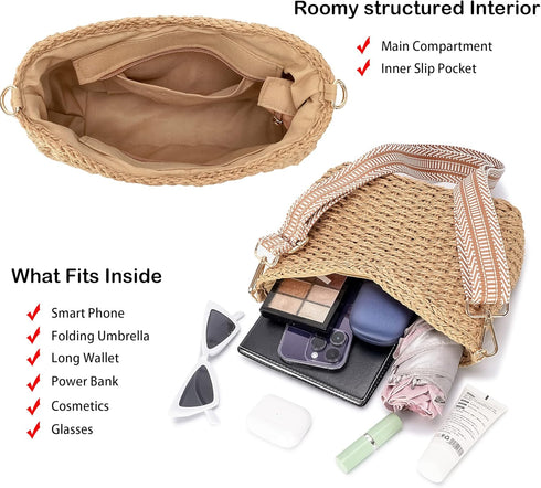 Herald Small Handmade Straw Pocketbook Crossbody Bag for Women, Summer Chic Woven Handbag Shoulder Purse with Chain...
