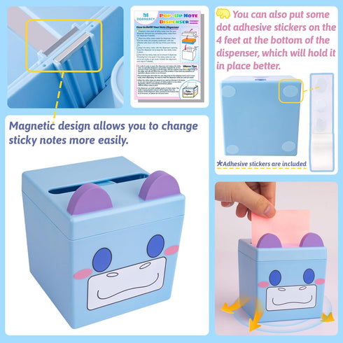 Pop-up Notes Dispenser, 3x3 in, Magnetic Design, Cute Hippo, Large Capacity (Patent Registering)...