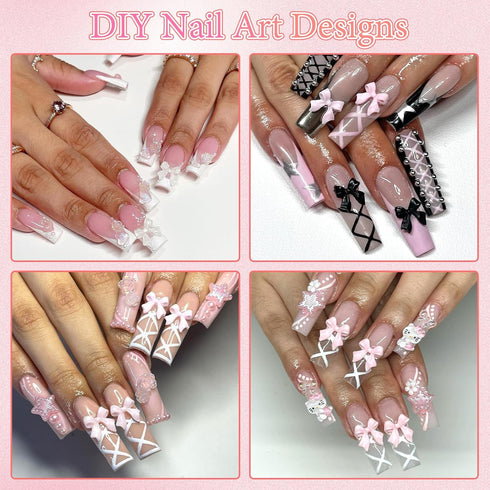 BELICEY 3D Bow Nail Charms 600PCS Flowers Nail Charm Pink&White Flatback Pearls Beads Star Heart Bowknot Cute Nail Charms Nail Supplies Accessorie...