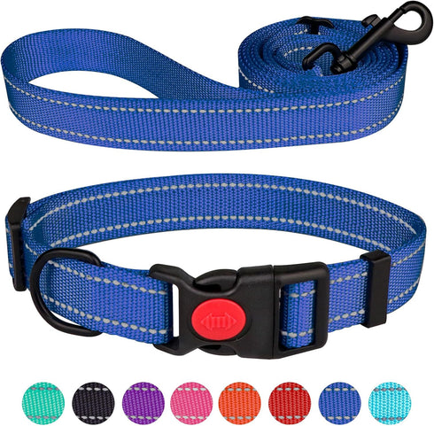 Reflective Dog Collar and Leash Set with Safety Locking Buckle Nylon Pet Collars Adjustable for Small Medium Large Dogs 3 Sizes(Navy Blue&M)...