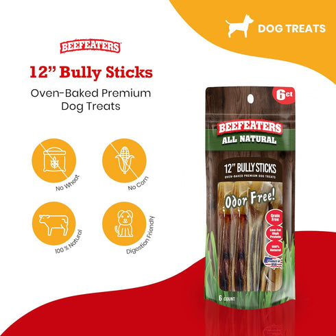 Beefeaters Dog Treats - 12in Bully Sticks, 6ct | All-Natural, Highly Digestible | Dog Food Promotes Dental Health | No Additives or Preservatives ...