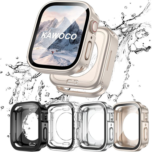 4 Pack Compatible with Apple Watch Waterproof Case 45mm Series 9/8/7 with Tempered Glass Screen Protector, 2 in 1 Full Coverage Bumper Protective ...
