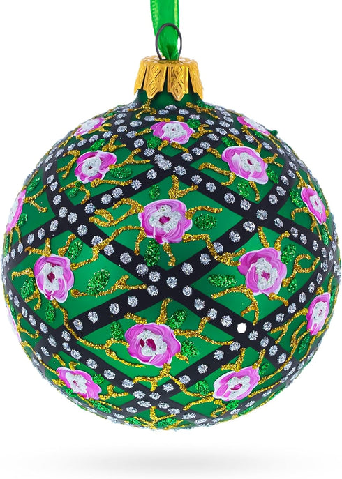 1907 Rose Trellis Royal Egg Green Glass Ball Christmas Ornament 3.25 Inches...