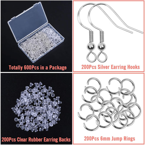 Thrilez 600Pcs Earring Making Kit with Hypoallergenic Hooks, Jump Rings, & Rubber Backs (Silver)...