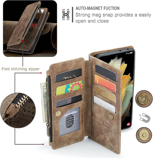 UEEBAI Wallet Case for Samsung Galaxy S21 Ultra 5G, Premium Handmade PU Leather Phone Case Card Slots Magnetic Closure Zipper Pocket Kickstand Fli...