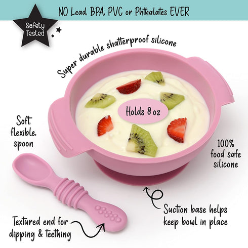 PrimaStella Unbreakable Silicone Non-Slip Bowl and Chew Spoon Set for Babies and Toddlers (Purple)...