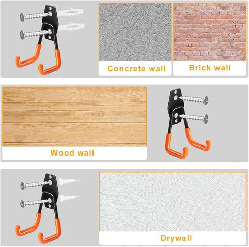 KURUI Heavy Duty Garage Hooks for Hanging, 2 Pack Garage Storage Hooks for Ladder Extension Cord Tool Cable, Wall Mount Small Utility U Hooks, Gar...