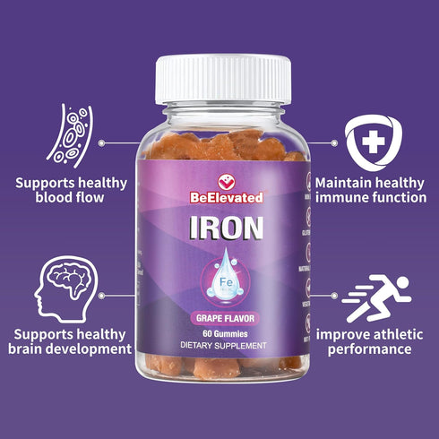 Iron Gummy Vitamin - Gluten Free Supplements for Iron Deficiency for Adults & Kids - Peanut Free Gummies Supplement - Grape Flavor Chewable Vitami...