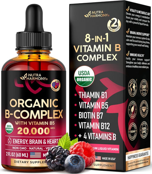 USDA Organic Vitamin B-Complex B5 Pantothenic Acid | B12 Methylcobalamin | B1 Thiamine | B6 Pyridoxine | B7 Biotin | B9 Folic | B3 Niacinamide - B...