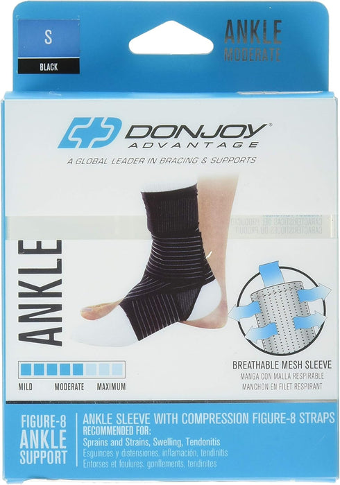 DonJoy DA161AV03-BLK-S Ankle Sleeve with Figure 8 Strap for Sprain, Strain, Lateral Support, Open Heel, Black, Small fits 7.75", 8.5"...