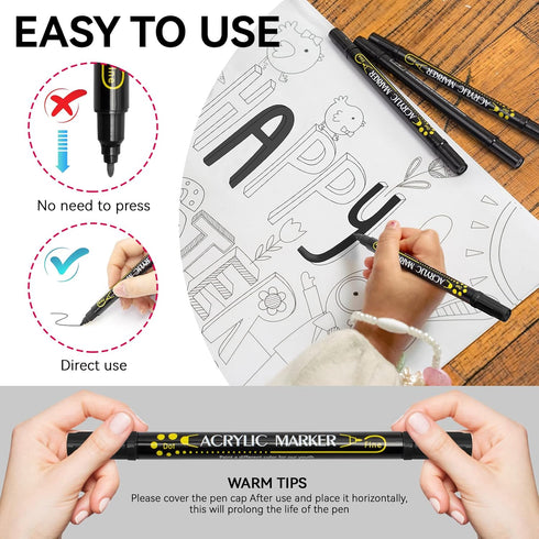 Black Paint Marker, 8 Pack Dual Tip Acrylic Paint Pens, Ideal for Wood, Rock Painting, Canvas, Stone, Glass, Ceramic...