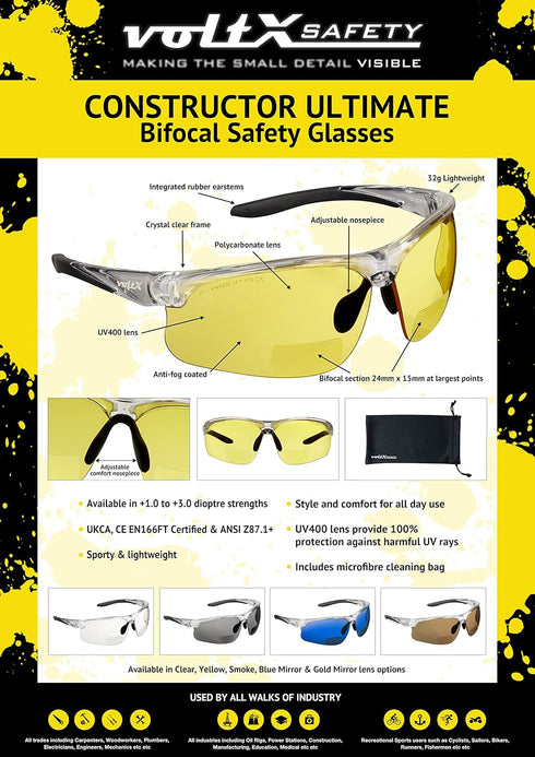 voltX 'Constructor Ultimate' Bifocal Reading Safety Glasses (Clear Frame, Yellow Lens +2.5 Dioptre) CE EN166FT Certified - Premium Cycling Sports ...
