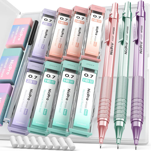 Nicpro 0.7 mm Mechanical Pencils Set with Case, 3PCS Metal Drafting Pencil, Pastel Mechanical Pencils 0.7 With 480 PCS HB Pencil Leads, 3 Erasers,...