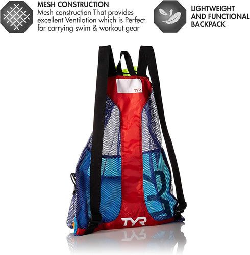 TYR Big Mesh Mummy Backpack for Wet Swimming, Gym, and Workout Gear, Blue/Yellow...