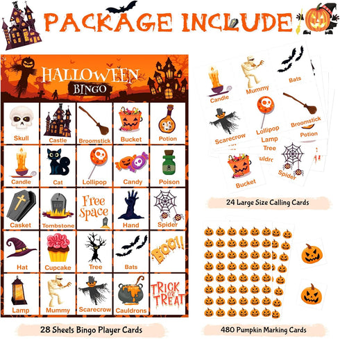 V-Opitos Large Size Halloween Bingo Game Card for Kids/Adults, 6''×8.5” - 28 Players - Halloween Games for Family/School Classroom/Large Group, Ha...