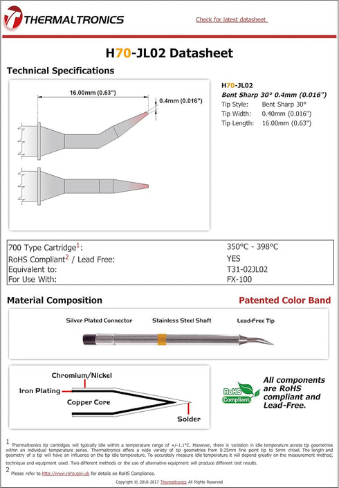 Thermaltronics H70-JL02 Bent Sharp 30deg 0.4mm (0.016in) interchangeable for Hakko T31-02JL02...