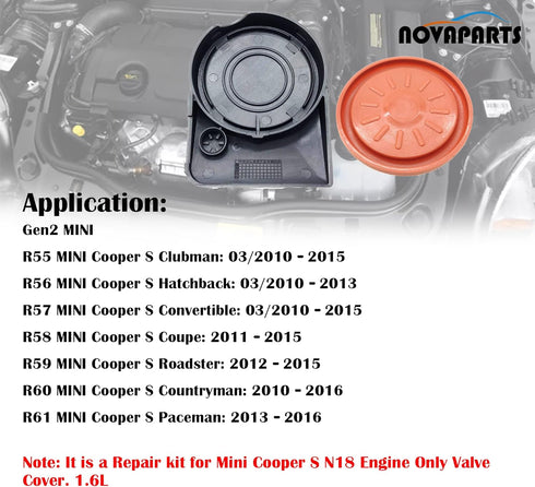Valve Cover Cap PCV with Membrane N18 Engine Replacement for 2010-2016 MINI Cooper S R55 R56 R57 R58 R59 R60 R61 1.6L 11127646552 11127603390...