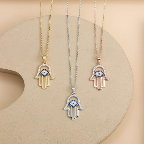 SLOONG Evil Eye Hamsa Hand Necklace 14k Gold Plated Third Eye White Blue Cz Womens Pendant Necklace...