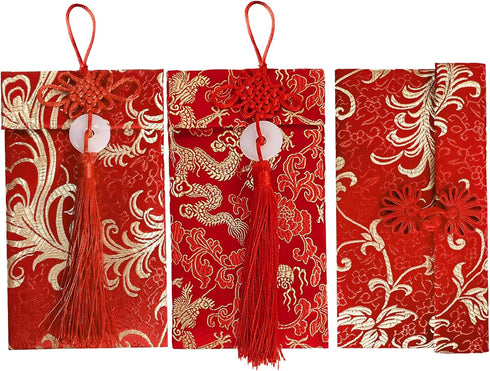 3 pcs Embroidered Red Envelopes, UNIIDECO Chinese Lunar New Year Lai Si Envelope Honhbao, Angpao Gift Wrap Bags Red Lucky Money Pockets for Spring...