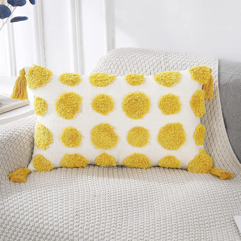 PANOD Super Soft Farmhouse Decorative Plush Throw Pillow Covers 12 x 20 Yellow,Solid Pom pom Tufted with Tassels Modern Accent Boho Lumbar Cushion...