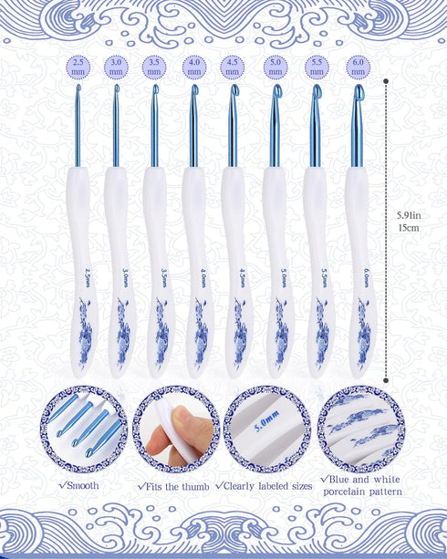 Coopay 8pcs Crochet Hook, Blue & White Porcelain Pattern Ergonomic Handle Crochet Needles for Crocheting, Anti-Slip Design and Premium Material, I...
