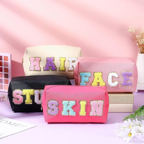 4 Pcs Large Chenille Letter Patch Makeup Bag Skin Stuff Hair Face Bag Preppy Patch Makeup Cosmetic Bag Toiletry Zipper for Women Teen Girl(Fresh C...