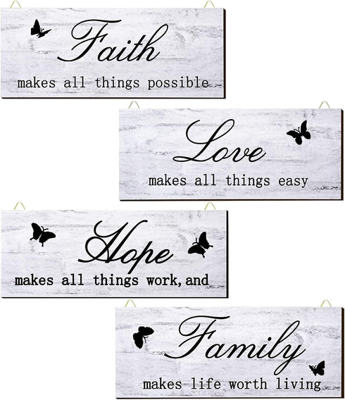 4 Pieces Faith Love Hope Family Wood Sign Farmhouse Wooden Family Sign with Quotes Faith Love Hope Family Home Sign Plaque Rustic Wooden Home Wall...