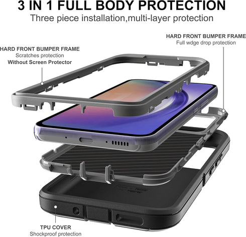 for Samsung Galaxy A54 5G Case, 3 in 1 Full Body Shockproof Heavy Duty Protection with 2-Pack Tempered Glass Screen Protectors, (Black/Grey)...