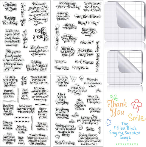 4 Set Words Clear Stamp 2 Pieces Acrylic Stamp Block Sentiments Silicone Stamp Cards Clear Stamping Tools Set Acrylic Block with Grid Lines Decora...
