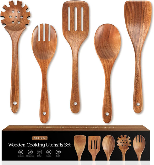 5 PCS Wooden Spoons for Cooking Natural Teak Kitchen Utensils Smooth Non-Stick Surface Cooking Utensils Set Soft Comfort-Grip Wooden Utensils for ...