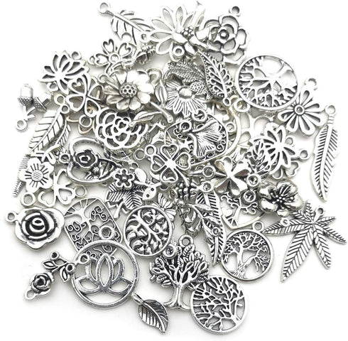 Youdiyla 100pcs Mix Silver Tree Flower Charms Collection, Bulk Mini Small Little Charms Metal Pendant Craft Supplies Findings for Necklace and Bra...