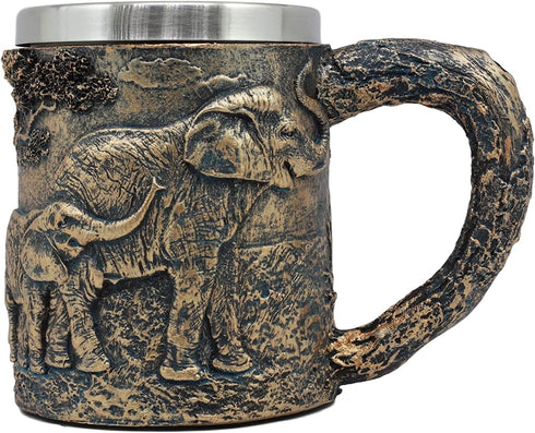 Ebros Animal Totem Spirit Safari Elephant And Calf Family Mug Textured With Rustic Textured Tree Bark Design In Painted Bronze Finish 12oz Drink B...