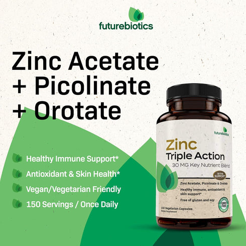 Futurebiotics Zinc Triple Action 30mg Key Nutrient Blend Immune Support Zinc Supplement with Zinc Acetate, Picolinate & Orotate - Immune, Antioxid...
