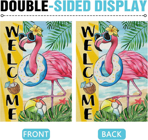 Welcome Summer Flamingo Decorative Garden Flag, Beach Coastal Swim Ring Tropical Palm Leaves Yard Outside Home Decoration, Hawaii Aloha Nautical O...
