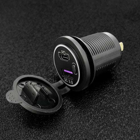 MGI SpeedWare Dual USB Port Charger Socket for Cars Boat and Trucks, 12V 24V 36W PD Type-C Socket + QC3.0 Quick-Charge, with Start Button and Blue...