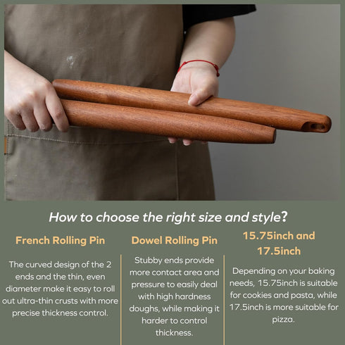 Muso Wood Sapele Wooden French Rolling Pin for Baking, Tapered Roller for Fondant, Pie Crust, Cookie, Pastry (French 15-3/4inch)...