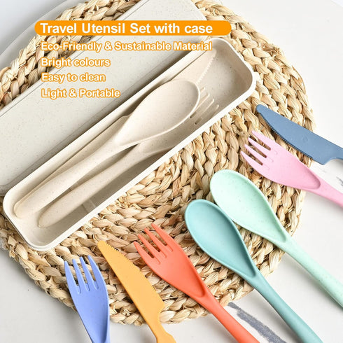 Travel Utensils with Case, 4 Sets Reusable Utensils Set with Case, Wheat Straw Utensils for Lunch Box Accessories, Camping Utensil Set for School ...